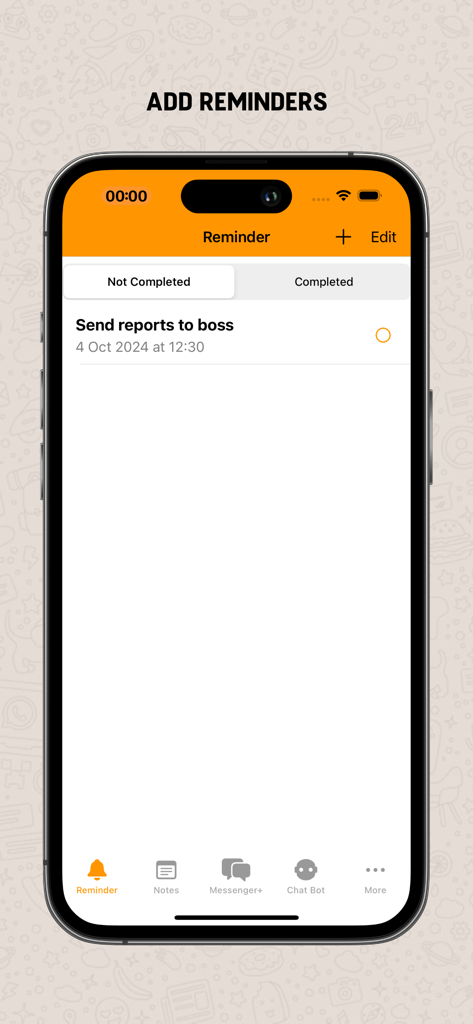 Dual Messenger+ - Dual Messenger plus app interface showing the add reminders screen with a task to send reports to the boss