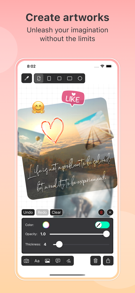 Cre8 - Photo Editor & Drawing - Cre8 mobile app interface showing photo collage editing with stickers and drawing tools
