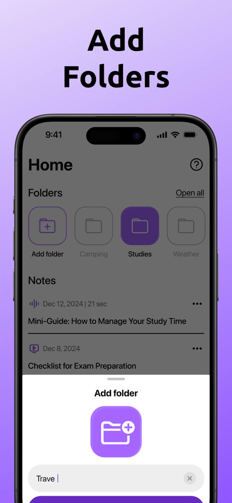 Captura de pantalla de la interfaz de la aplicación AI Note Taker mostrando la organización de carpetas y un menú emergente para crear una nueva carpeta.