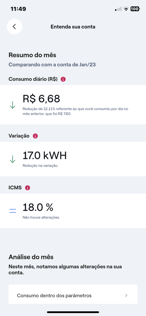 Enel São Paulo - Enel Sao Paulo app interface showing monthly energy bill summary and consumption analysis
