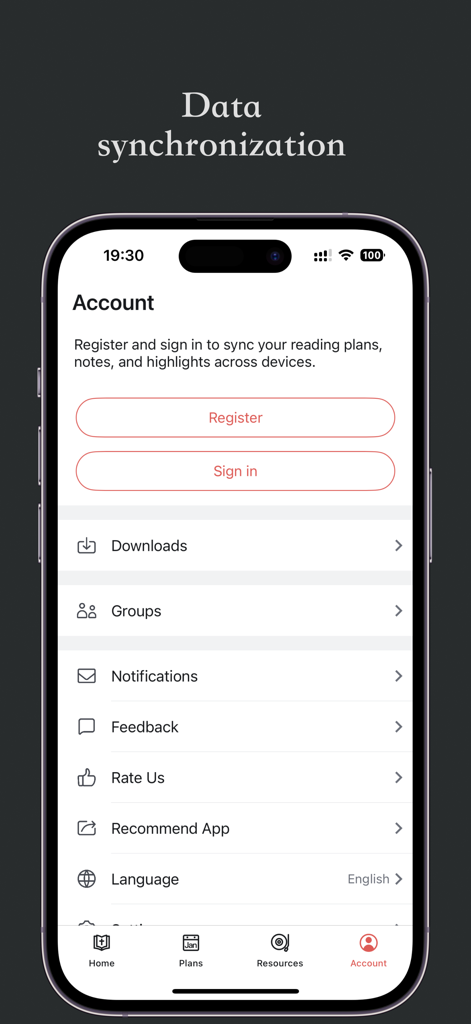 Account screen of the Public Reading of Scripture app showing options for data synchronization and user registration.