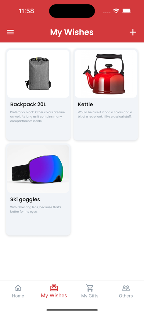 Mobile app screen displaying a personal wishlist with items like a backpack and a red kettle.