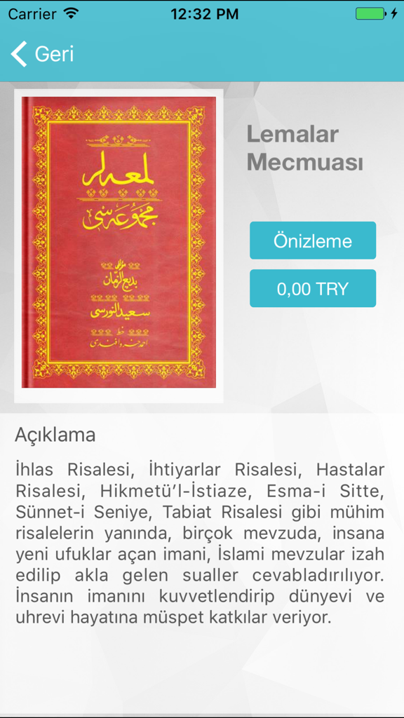 하이라트 서재 앱의 Lemalar Mecmuasi 책 상세 화면. 표지 예술과 설명이 표시됩니다.