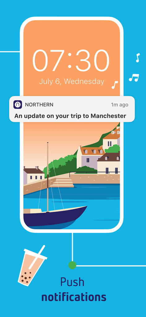 Smartphone screen with a Northern app push notification for a trip update to Manchester.