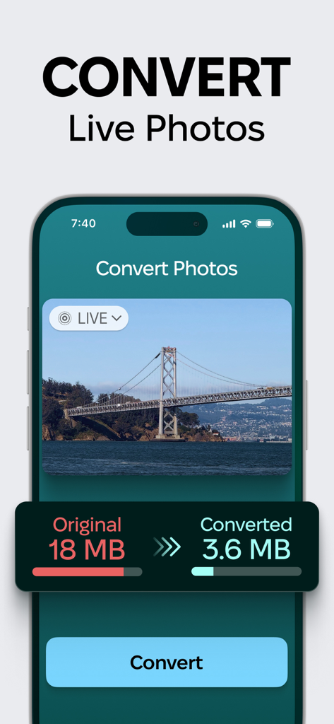 CleanMyPhone app interface showing a Live Photo being converted to a still image to save storage space