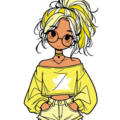 girl with a messy ponytail glasses a baggy crop top and jean shorts