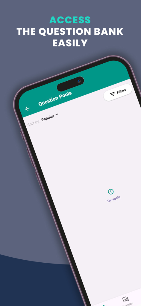 Moura Education - Moura Educationモバイルアプリ。キャリアアップ学習のための質問バンクインターフェースを表示しています。