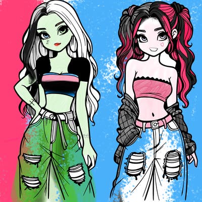 2 girls in crop tops and baggy jeans ripped