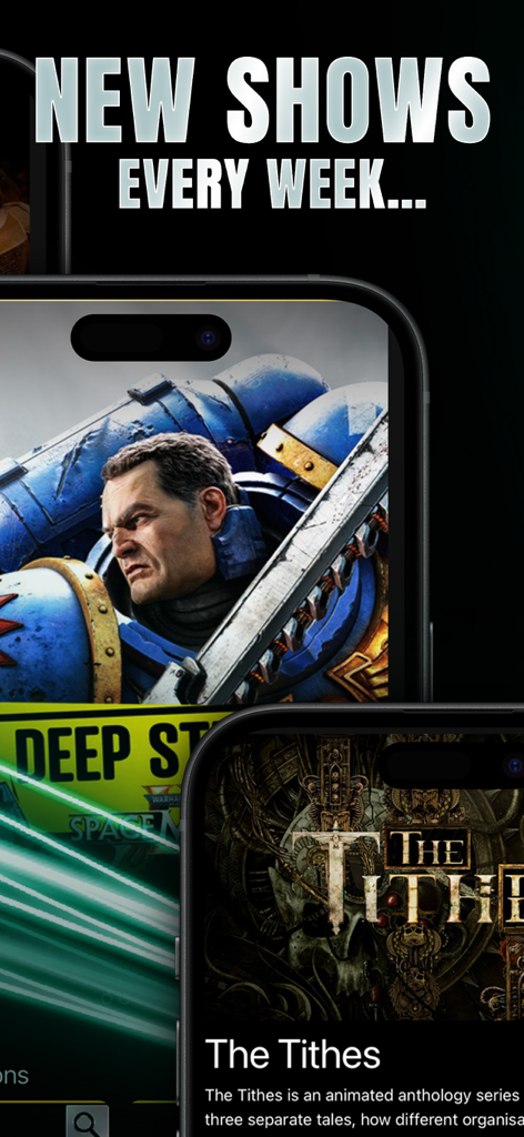 Warhammer TV app interface showing regular weekly updates with animations like The Tithes and Space Marine content.