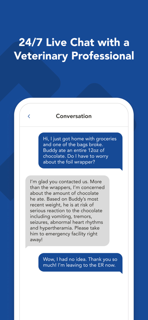 Screenshot dell'app myVCA che mostra una conversazione in chat dal vivo con un professionista veterinario su consigli per emergenze animali.