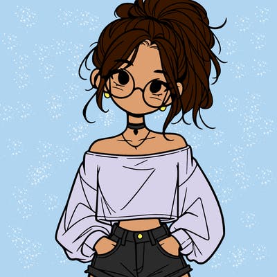 girl with a messy ponytail glasses a baggy crop top and jean shorts