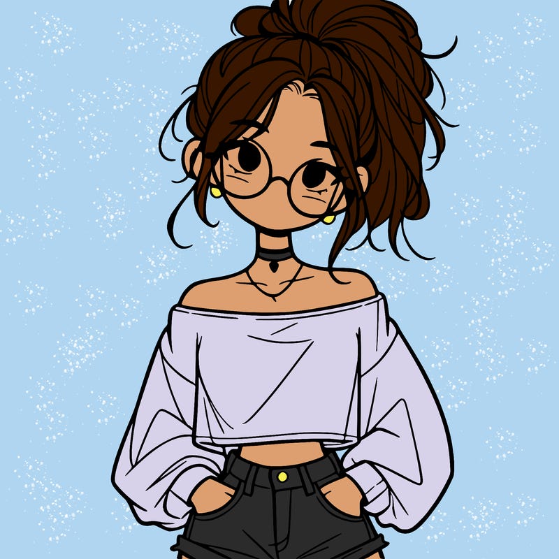 girl with a messy ponytail glasses a baggy crop top and jean shorts