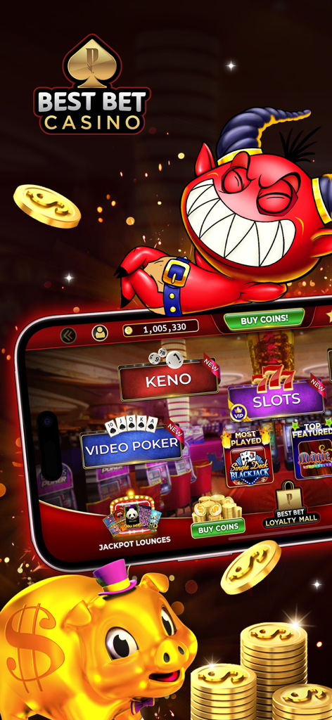 Best Bet: Slots Casino Games - Schermata dell'app Best Bet Casino che mostra opzioni Keno Slot e Video Poker con un diavolo rosso e un salvadanaio a forma di maialino dorato