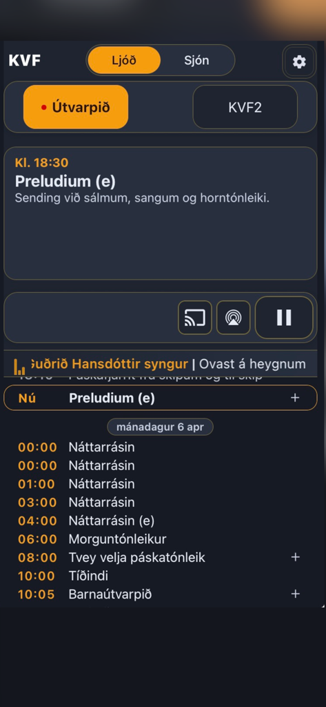 KVF live - Interface of the KVF live app showing a Faroese radio broadcast with a daily program schedule