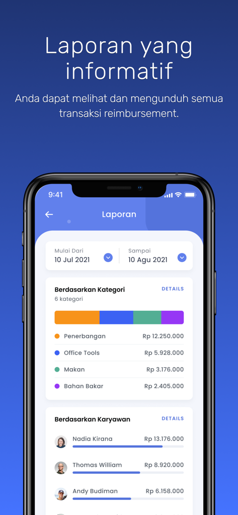 Apollo Xendit - Apollo Xendit app interface showing detailed reimbursement reports by category and employee