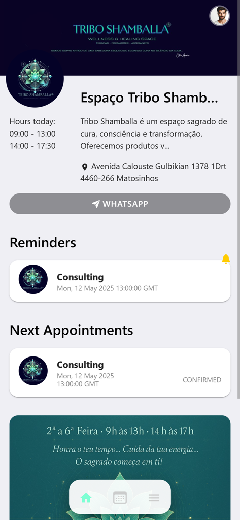 Tribo Shamballa - Tribo Shamballaウェルネスアプリのダッシュボード。予約リマインダーとスケジュールされたコンサルティングセッションが表示されています。