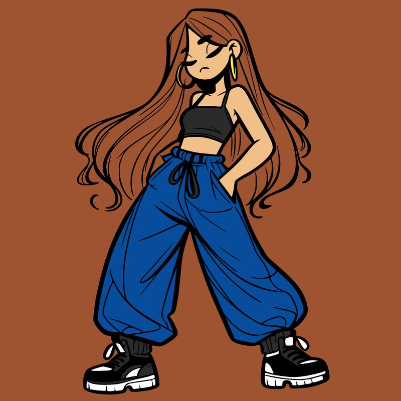girl in baggy pants crop top and long hair