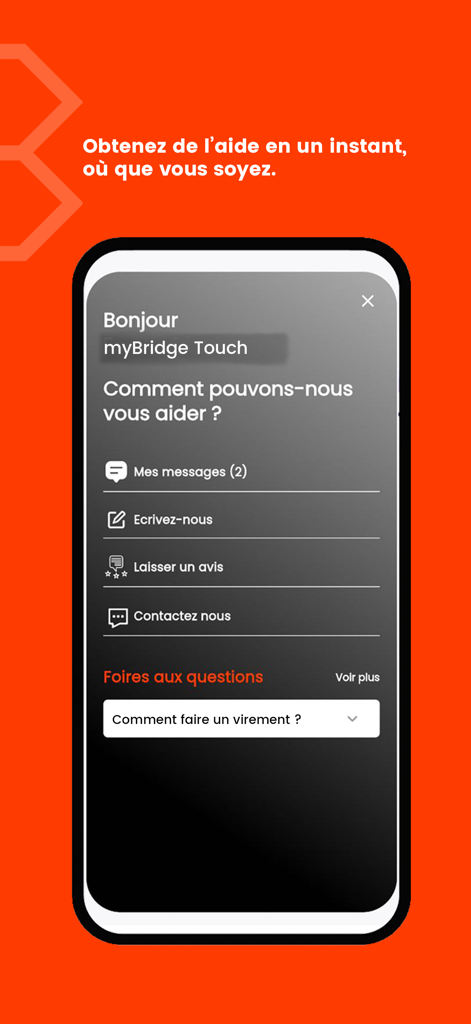 myBridge Touch - Pantalla de ayuda y atención al cliente de la aplicación de banca móvil myBridge Touch que muestra opciones de contacto y sección de preguntas frecuentes