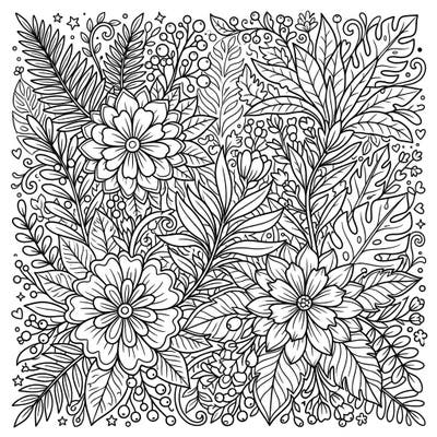 Explore the beauty of nature with this intricate botanical art coloring page, specifically designed to captivate and challenge creative teens. Immerse yourself in a dense tapestry of detailed flowers, leaves, and berries, ready for your vibrant touch.