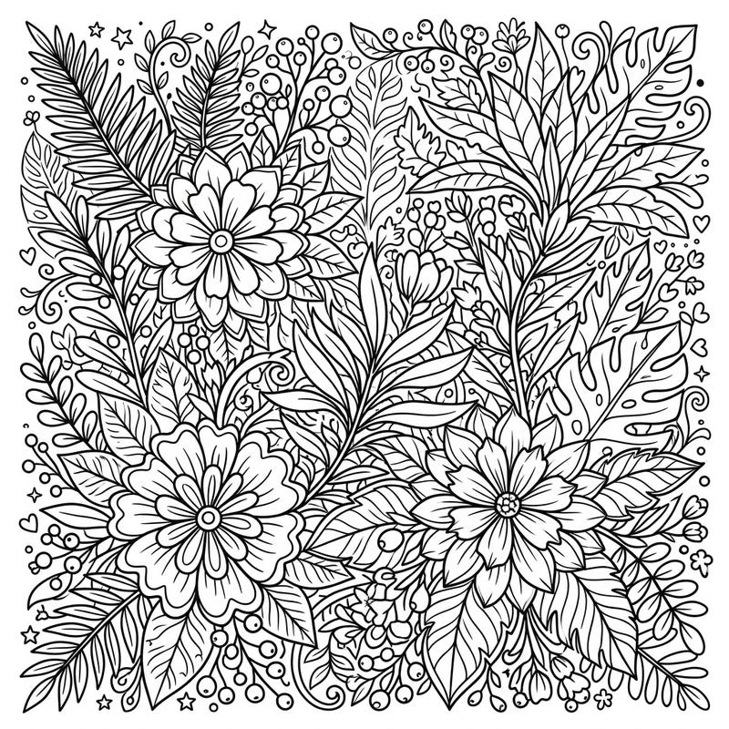 Explore the beauty of nature with this intricate botanical art coloring page, specifically designed to captivate and challenge creative teens. Immerse yourself in a dense tapestry of detailed flowers, leaves, and berries, ready for your vibrant touch.