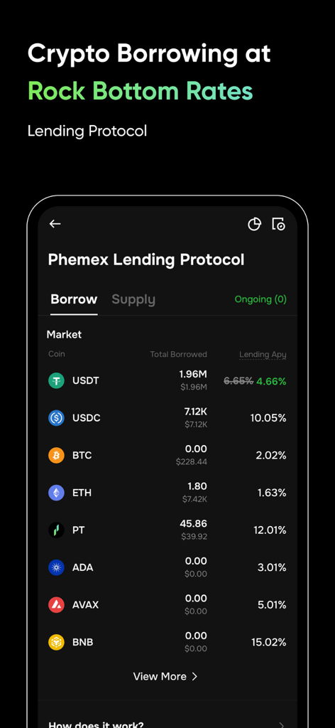 Phemex Pro: Trade BTC & Crypto - Phemex Pro 앱 인터페이스 - 암호화폐 대출 프로토콜 및 다양한 암호화폐에 대한 대출 금리 표시