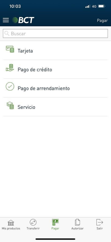 Enlace BCT Mi banco en mi mano - Interface of the Enlace BCT mobile banking app showing the payment menu with options for credit cards loans and leases