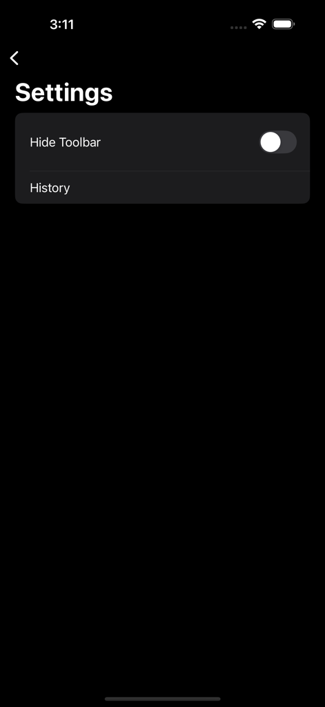 Virtual Whiteboard - Interface de configurações do aplicativo Quadro Branco Virtual mostrando opções para ocultar a barra de ferramentas e acessar o histórico de desenho