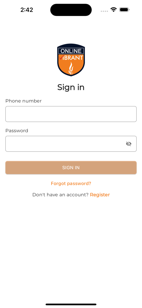 Online Vibrant - Online Vibrant app sign in screen with phone number and password fields
