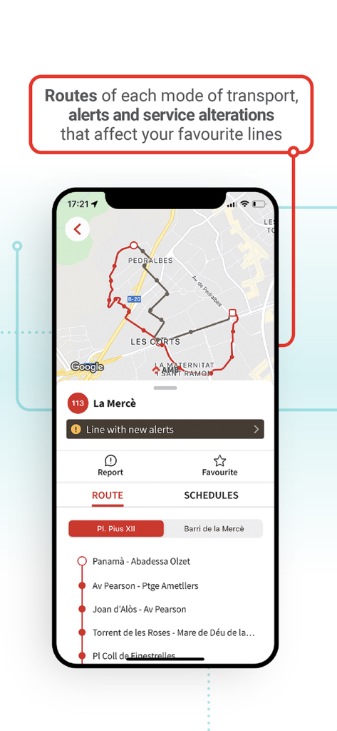 AMB Mobilitat (Picmi) - A map interface within the AMB Mobilitat app showing a highlighted transport route and a service alert for the La Merce line.