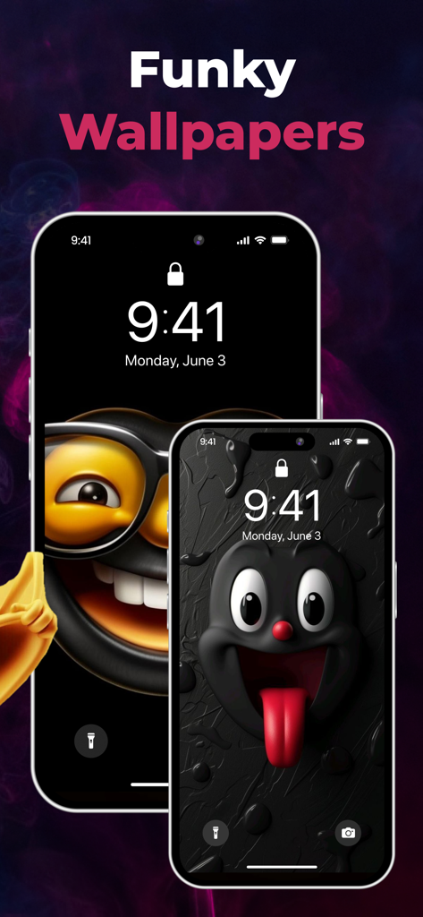 Two iPhones displaying funky and silly character wallpapers with playful smiles and expressions