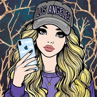realistic beautiful girl wearing los ángeles cap holding an iphone