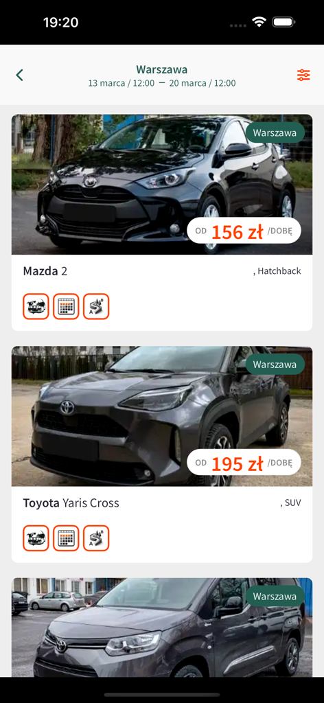 BEEP.rent - BEEP.rent 모바일 앱 인터페이스로, 바르샤바에서 이용 가능한 렌터카 목록과 Mazda 및 Toyota 모델의 일일 가격을 보여줍니다.