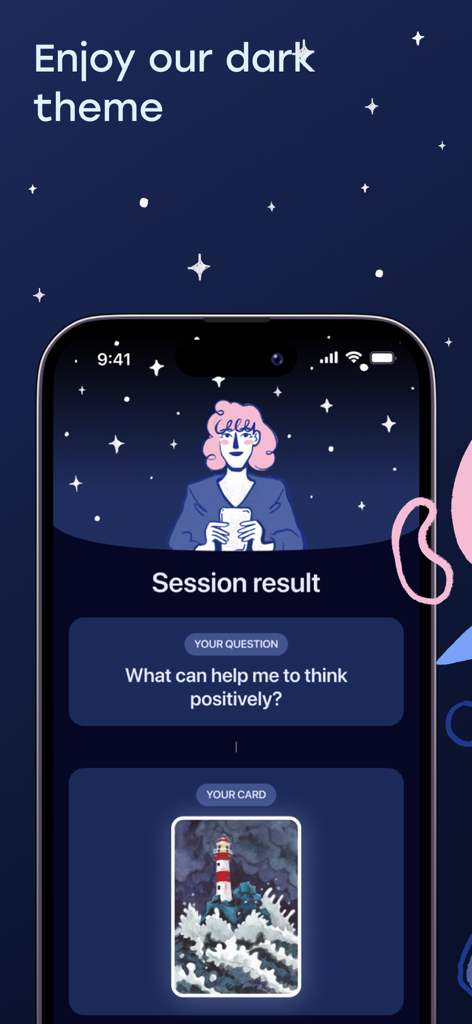 Interfaz de la aplicación de terapia con IA OhSofia que muestra el modo de tema oscuro y el resultado de una sesión con una carta asociativa metafórica