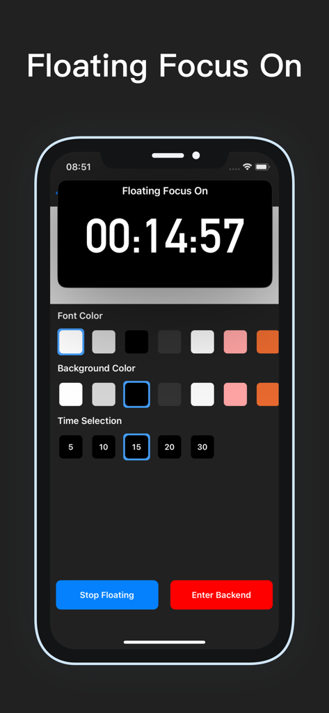 Floating Text - Teleprompter - Interface showing a floating timer with customization options for font color background color and time selection