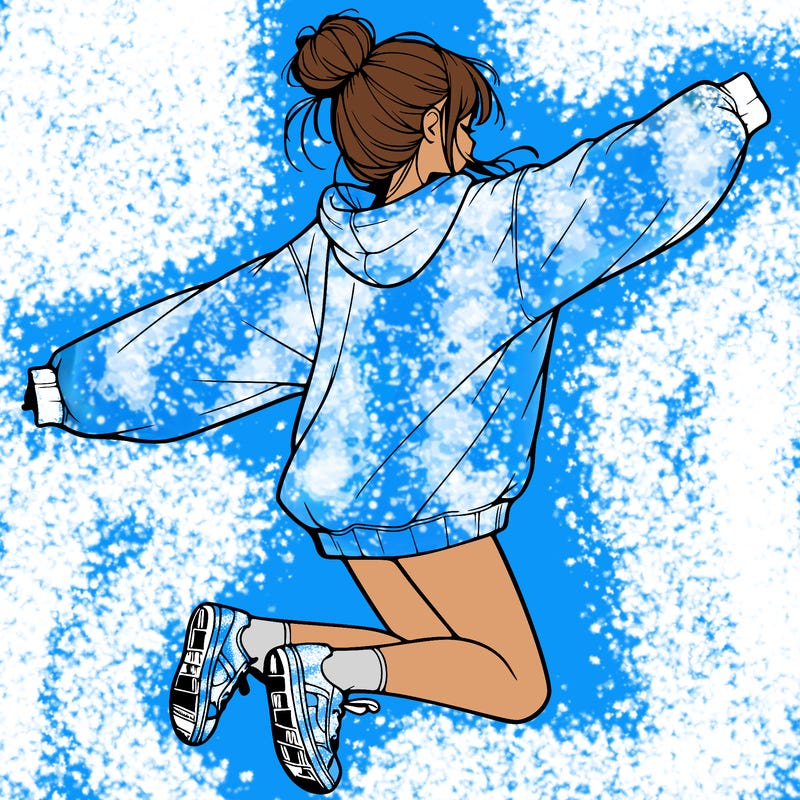 realistic girl jumping with a bun and oversized sweatshirt