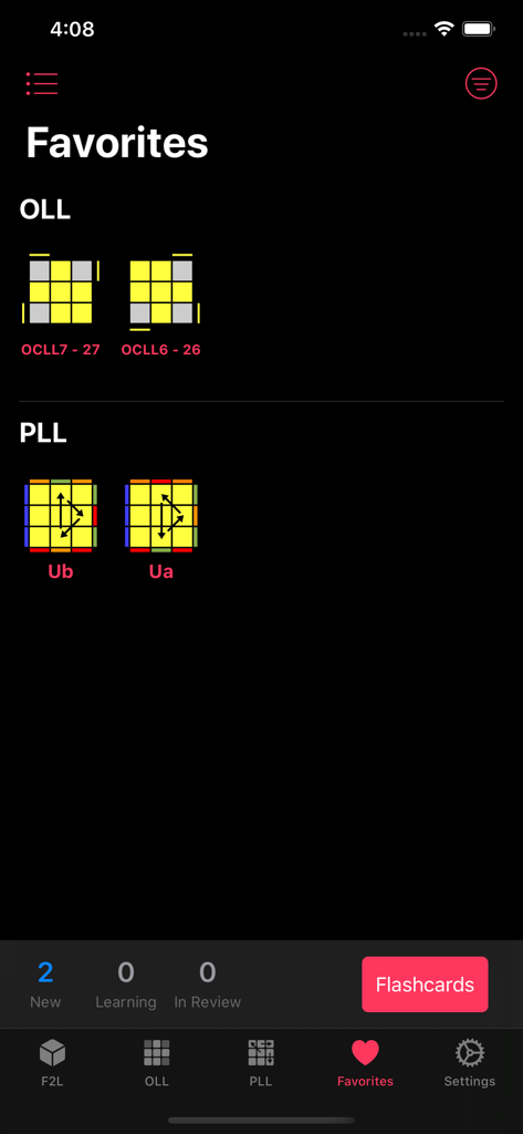 Favorites screen in the Cube CFOP app displaying saved OLL and PLL algorithms with a flashcards learning button.