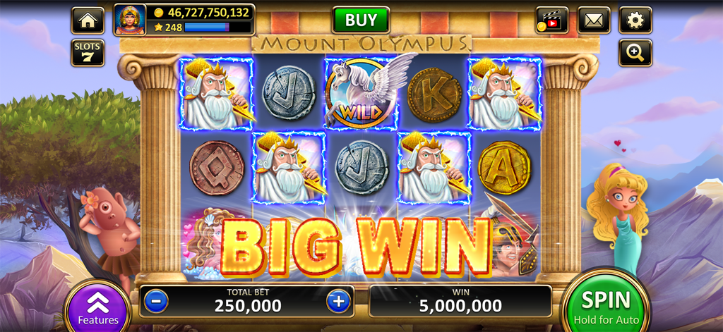 A big win notification on a Greek mythology themed Mount Olympus slot machine with Zeus and Pegasus symbols