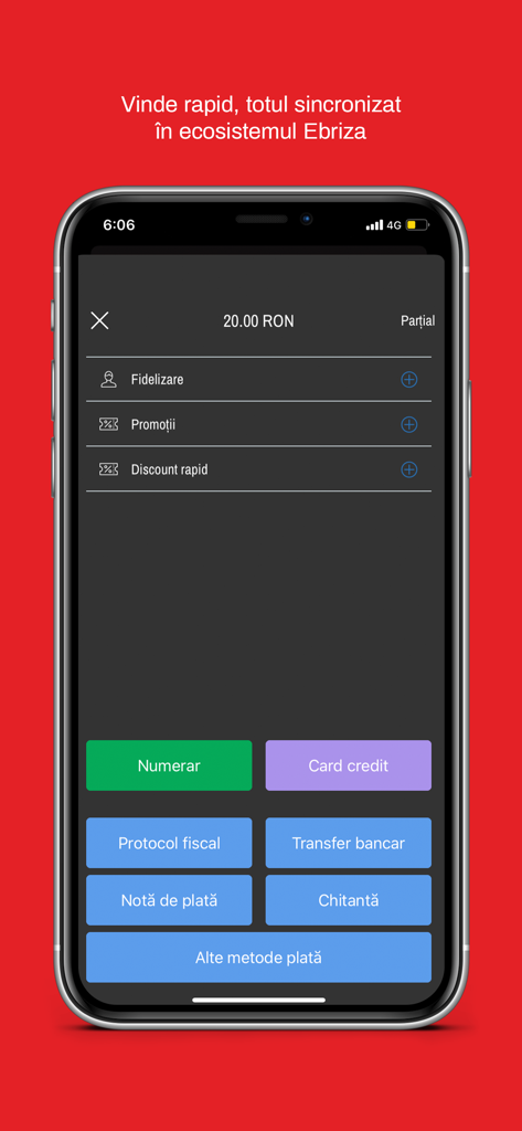 Ebriza POS - Ebriza POS mobile app screen showing payment method options including cash and credit card