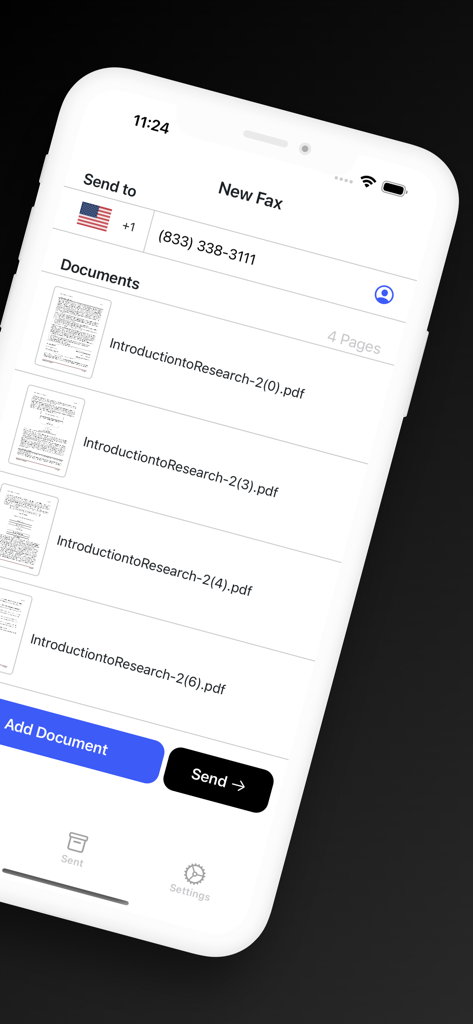 Mobile app interface for sending a fax from an iPhone showing multiple PDF documents attached to a draft and a US recipient phone number.