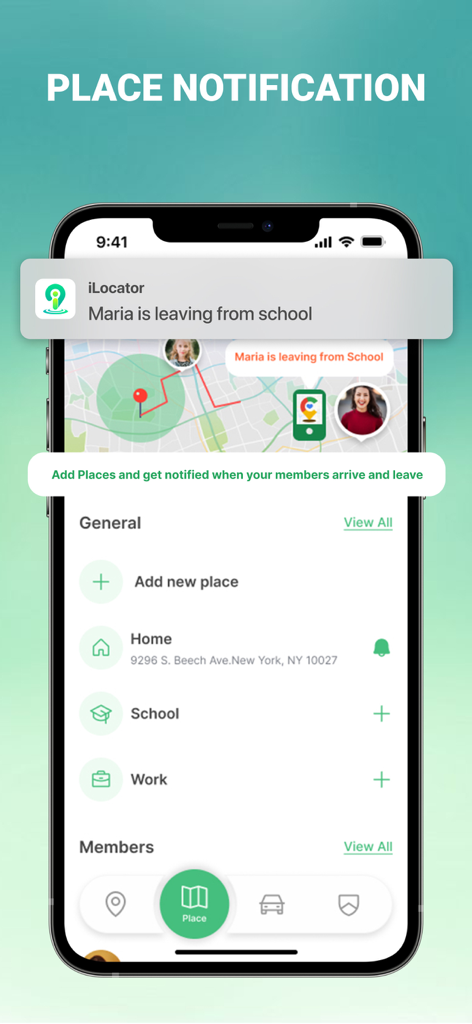 Smartphone screen showing an iLocator app notification about a family member leaving school with a map and list of saved locations.