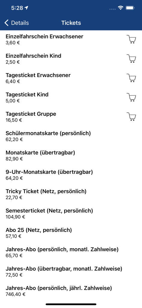 Eine Liste verschiedener Ticketarten und ihrer Preise in Euro innerhalb der naldo Mobile App.