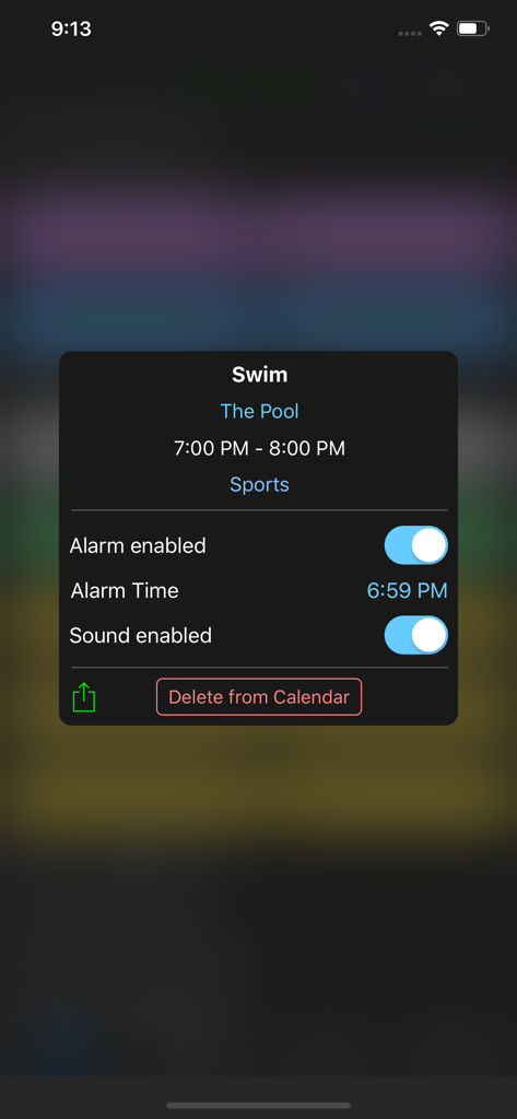 Calarm - Screenshot of the Calarm app showing the individual alarm and sound settings for a calendar event titled Swim