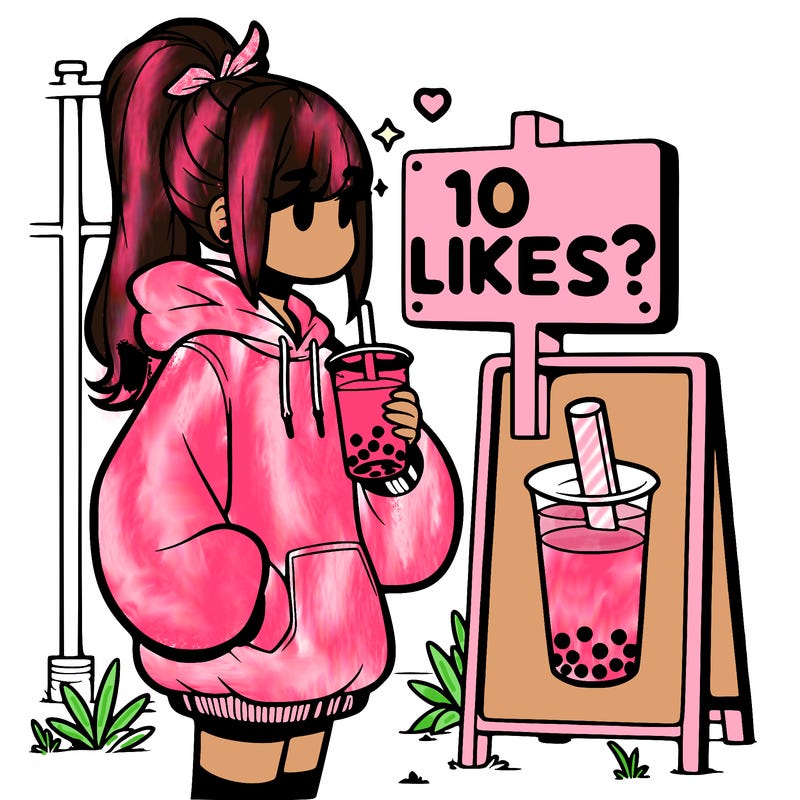girl with oversized hoodie drinking boba and she has a high ponytail with a sign that says 10likes?