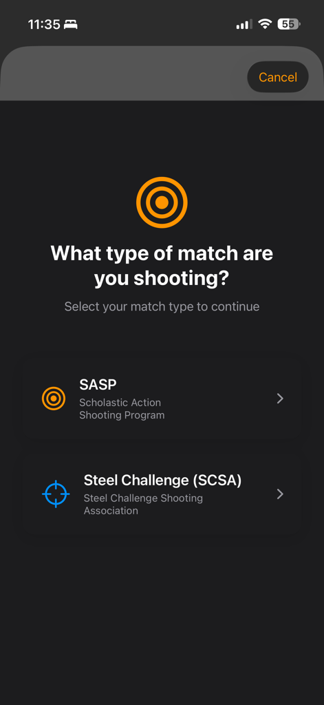 Match Metrics - Tela no aplicativo Match Metrics para selecionar entre os tipos de competição SASP e Steel Challenge