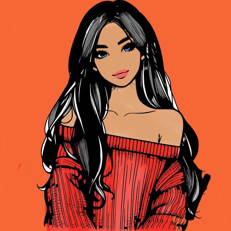 realistic girl with long hair wearing an off the shoulder sweater