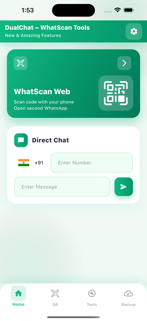 DualChat – WhatSacn Web - DualChat app home screen showing WhatScan Web and Direct Chat features