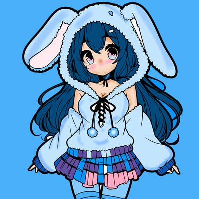 pretty anime girl wearing a fluffy hoodie with bunny ears on the hood and a skirt