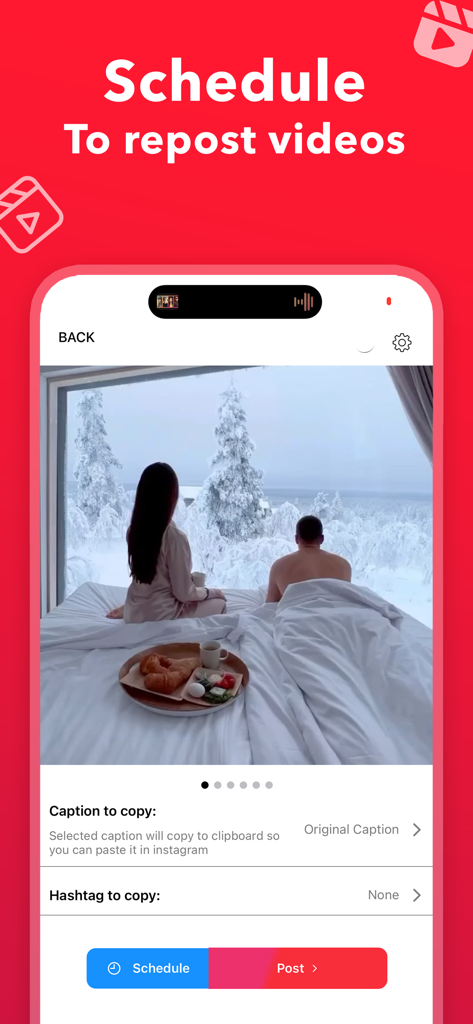Interface of the Instant Saver app for scheduling and reposting social media videos