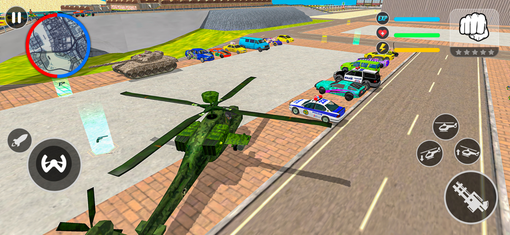 Helicóptero militar volando sobre un aparcamiento con diversos vehículos y un tanque en una ciudad de mundo abierto