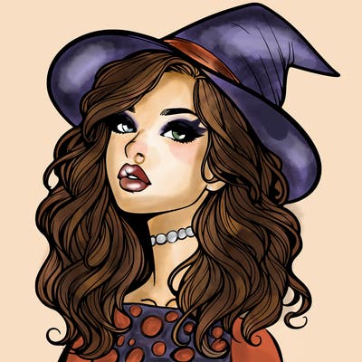 realistic witch girl with wavy hair and lips